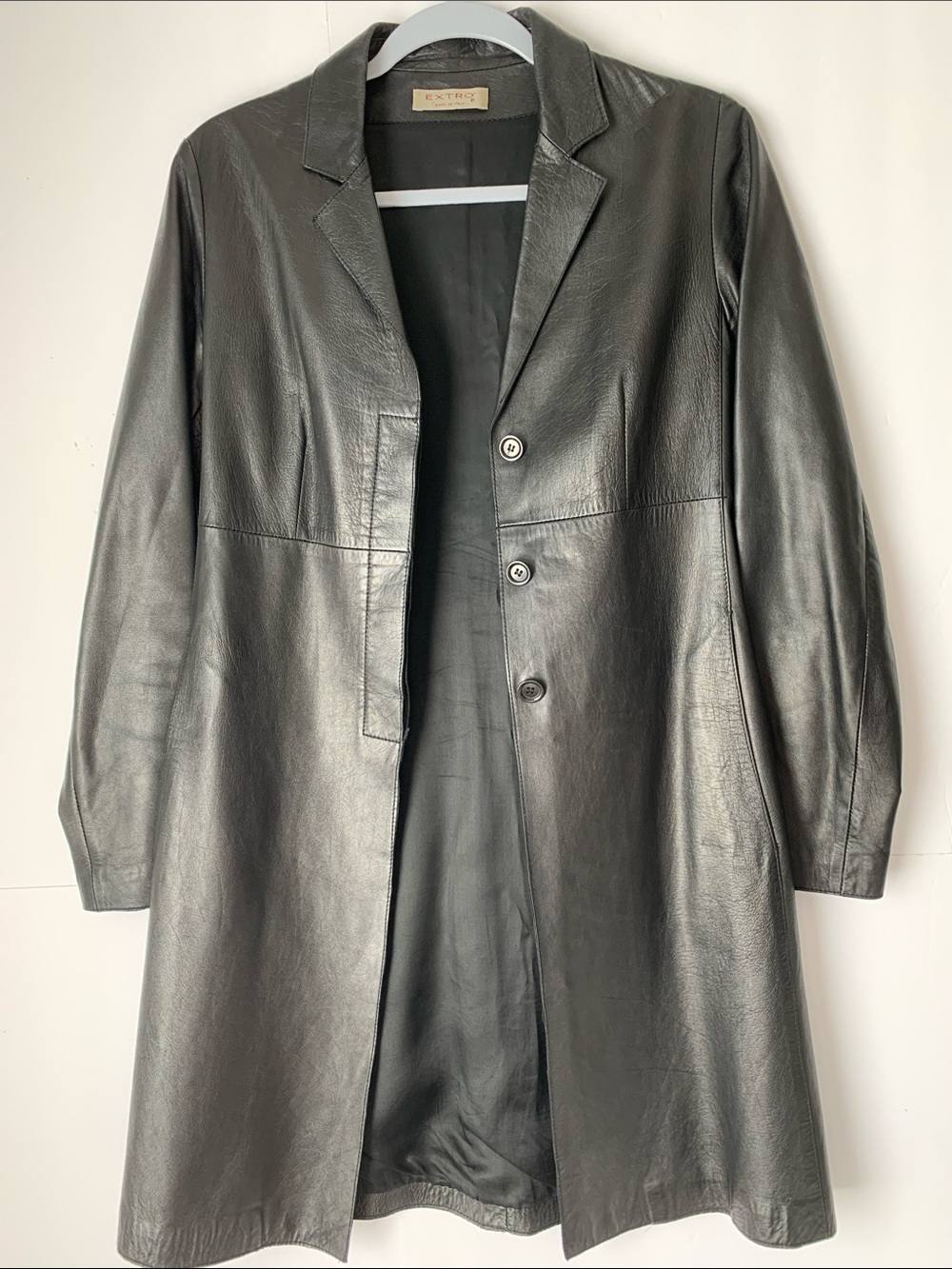 Extro Women Leather Long Coat Pockets Black Made in Italy Size S - Picture 2 of 9